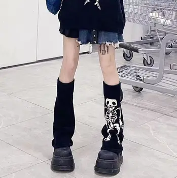 Harajuku Kadın kış Kırmızı kalp Baskı çapraz bacak ısıtıcıları Japon kız Gotik Kafatası örme ısıtıcı Uzun çorap Punk ayak koruyucu