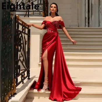 Eightale 2022 Seksi Kırmızı Mermaid Akşam Elbise Yan Yarık Kapalı Omuz Balo Elbise Aplikler Saten gece elbisesi Robe Soirée Femme