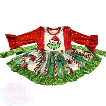 Noel Bebek Giysileri Çocuk Elbise Uzun Kollu Noel Baba Baskı Kız Kıyafetler Çiçek Dantel Çocuk Yeni DesignerBoutique
