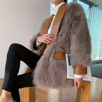 Lucyever Vintage kadın Kış Tilki Kürk Ceket Lüks PU Deri Takım Elbise Yaka Sıcak Faux Kürk Ceket Kız Moda Streetwear Palto