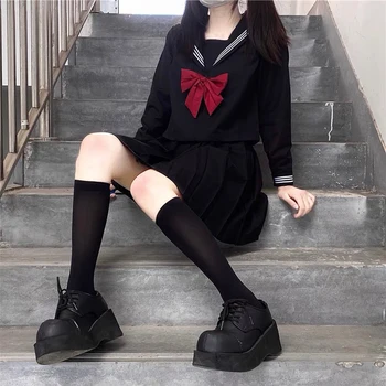 Japon Okul Üniformaları Tarzı S-2xl Öğrenci Kızlar Donanma Kostüm Kadınlar Seksi Siyah JK Takım Denizci Bluz Pilili Etek Seti 0