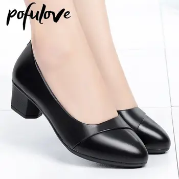 Pofulove Kadın Orta Topuk Ayakkabı Ofis Bayan Pompaları PU Deri Siyah Temel Kare Topuklu Bahar Sonbahar Loafer'lar Zapatos 3