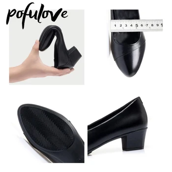Pofulove Kadın Orta Topuk Ayakkabı Ofis Bayan Pompaları PU Deri Siyah Temel Kare Topuklu Bahar Sonbahar Loafer'lar Zapatos 4