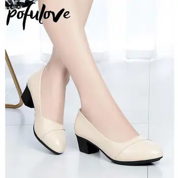 Pofulove Kadın Orta Topuk Ayakkabı Ofis Bayan Pompaları PU Deri Siyah Temel Kare Topuklu Bahar Sonbahar Loafer'lar Zapatos 5