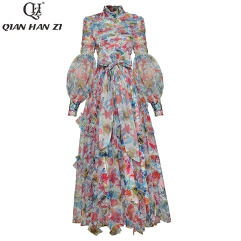 QHZ Yaz Tasarımcı Moda uzun elbise kadınlar için Fener kollu vintage Kat örgü baskı Yama Tasarımları ruffles maxi elbise