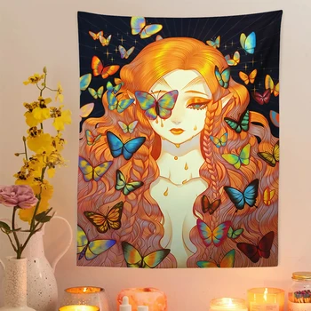 Kelebek kız Goblen Duvar Asılı Bahar Bohemian Dekor Ev Oturma Odası Yatak Odası Duvar Sanatı Arka Plan Kumaş baskı posteri
