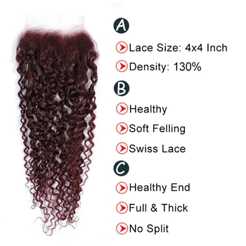 99J Kırmızı Şarap Kinky Kıvırcık Demetleri İle Kapatma 4x4 SOKU 3/4 Demetleri İnsan Saçı Dantel Kapatma Remy insan saçı örgüsü Uzatma