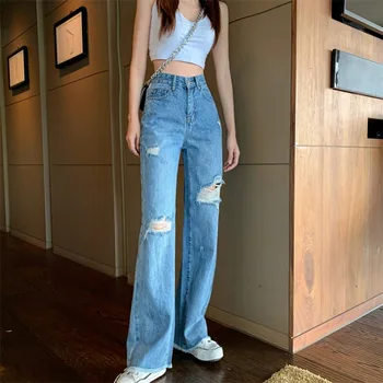 Yaz Yüksek Bel Yırtık Kot Kadın Streetwear Casual Düz Uzun Kot Pantolon Bayan Yırtık Kot Pantolon 0