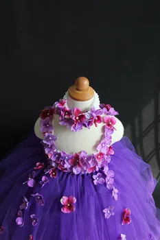 Güzel Kızlar Mor Çiçek Yaprakları Tutu Elbise Çocuklar Kabarık Tül Düğün Parti Elbise Kafa Bandı ile Çocuk Tığ Uzun Tutuş