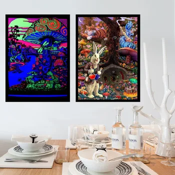 Psychedelic Trippy zihin görsel mantar eğitim sihirli siyah ışık ipek boyama duvar sanatı posterler ve baskı ev dekor