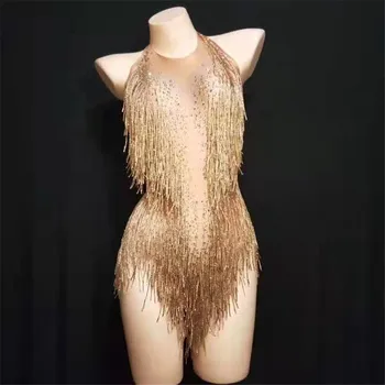 Seksi Püskül Spandex Taklidi Bodysuit kadın Performans Leotard Dans Giyim Şarkıcı Saçaklar Tasarım Tulum dans kostümü 0