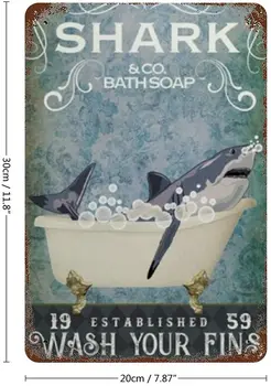 Graman Vintage Teneke İşareti Köpekbalığı ve Co Banyo Sabunu Yıkama Yüzgeçleri Köpekbalığı Metal Teneke İşareti Komik Köpekbalığı Banyo Odası Dekor Teneke İşareti 12