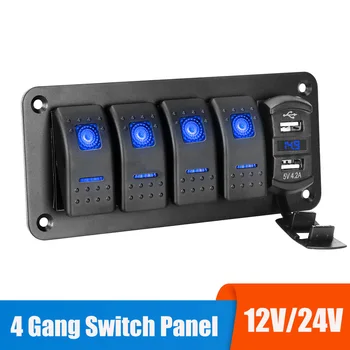 12V 24V LED Anahtarları Paneli 4 Gang İşık Geçiş Rocker USB şarj adaptörü Dijital Voltmetre Su Geçirmez Araba tekne Yat