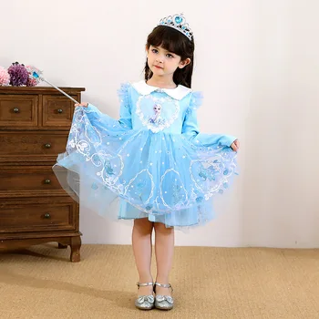 Kız Dondurulmuş Elsa Prenses Elbise Küçük Kız Parti Örgü Uzun Kollu Çiçek Kız Tutu Elbiseler Çocuklar Karikatür Moda Giyim