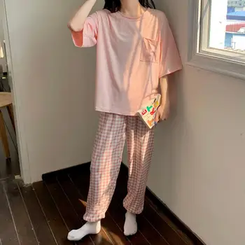 Yasuk İlkbahar Yaz Moda kadın Rahat Güzel Katı Ekose Kısa Kollu Pijama Yumuşak Pijama Pantolon Gevşek Kazak 1