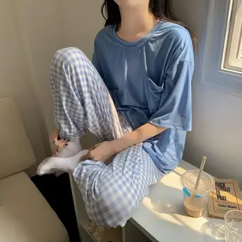 Yasuk İlkbahar Yaz Moda kadın Rahat Güzel Katı Ekose Kısa Kollu Pijama Yumuşak Pijama Pantolon Gevşek Kazak 2