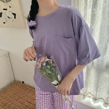 Yasuk İlkbahar Yaz Moda kadın Rahat Güzel Katı Ekose Kısa Kollu Pijama Yumuşak Pijama Pantolon Gevşek Kazak 3