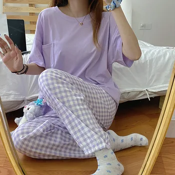 Yasuk İlkbahar Yaz Moda kadın Rahat Güzel Katı Ekose Kısa Kollu Pijama Yumuşak Pijama Pantolon Gevşek Kazak 5