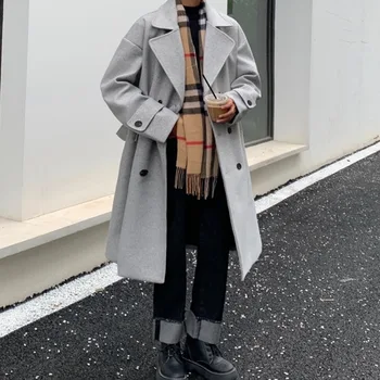 Privathinker Kış Kalınlaşmak Uzun Yün Palto Erkekler İçin Kore Tarzı Düz Renk Erkek Rahat Lüks Moda Siper Ceketler