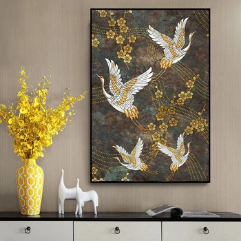 Antik Çin tarzı altın çiçek vinç elmas boyama hayvan soyut mozaik dekorasyon taklidi nakış duvar estetik