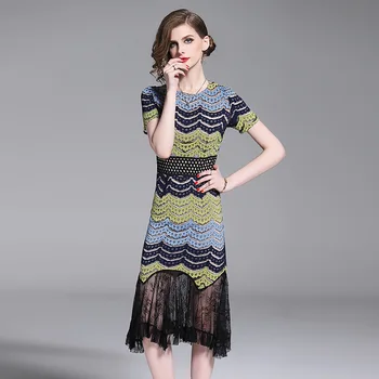 2019 yaz yeni dantel dikiş kısa kollu fishtail Elbise mizaç ince çanta kalça kılıf elbise Çizgili patchwork Elbiseler