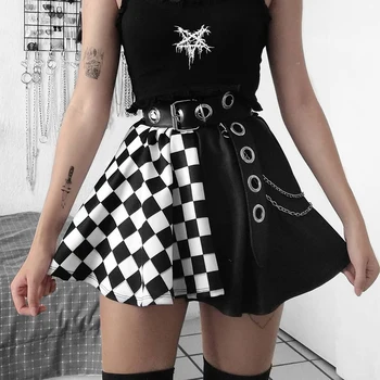 Goth Seksi Patchwork Etek E Kız Grunge Y2K gece elbisesi Siyah Etek Punk Etek Gotik Ekose Bir Çizgi Mini Etekler Harajuku Streetwear