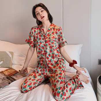 Yaz Pijama kadın Buz İnce Gevşek Rahat Ev Giyim Moda Kısa Kollu Pantolon Kıyafeti Takım Elbise Pijama Mektup 1