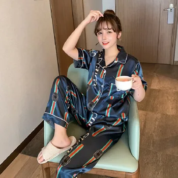 Yaz Pijama kadın Buz İnce Gevşek Rahat Ev Giyim Moda Kısa Kollu Pantolon Kıyafeti Takım Elbise Pijama Mektup 3