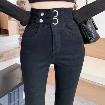 Süper Elastik Yüksek Bel dar kot Streetwear Kadın Skinny Denim Pantolon Çift Düğme Retro Streç Kot Artı Boyutu S-XL