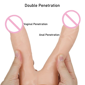 Çift Dildos Çift Penetrasyon Vajina ve Anüs Yumuşak Penis Vantuz Erotik Phallus Seks Oyuncakları Dick Kadınlar için Mastürbasyon 0