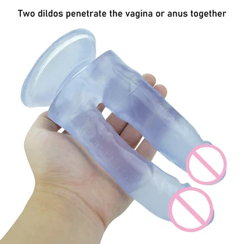 Çift Dildos Çift Penetrasyon Vajina ve Anüs Yumuşak Penis Vantuz Erotik Phallus Seks Oyuncakları Dick Kadınlar için Mastürbasyon 1