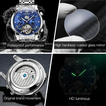 OLEVS Üst Marka Erkek Saatler Otomatik Mekanik İzle 30 M Su Geçirmez Paslanmaz Çelik İskelet Tasarım Saatler Reloj de hombre 3
