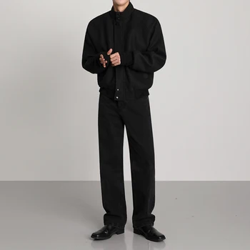 IEFB Standı Yaka Erkek Yün Ceket Sonbahar Kış Kore Moda Gevşek 2023 Düz Renk Koyu Giyim Erkek Kısa Ceket Rahat 9A6046