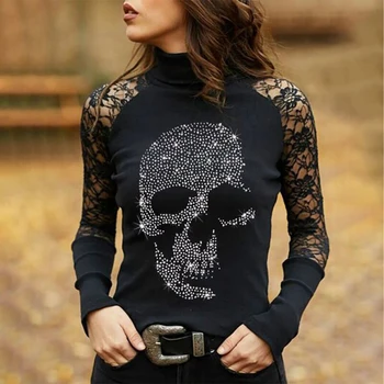 Moda Alfabe Sıcak Matkap Baskı Bayanlar T-Shirt Katı Dantel Seksi Kadın TShirt Y2k Gotik Tee Uzun Kollu tasarımcı kıyafetleri Tops
