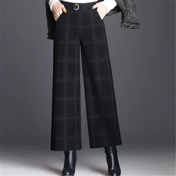 Çizgili Kadın Geniş Bacak Pantolon Yün Yeni Kalın Sıcak Moda Sonbahar Kış Pantolon Elastik Yüksek Bel Kadın Rahat Gevşek Pantolon