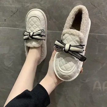 Kadın Ayakkabı Bezelye Ayakkabı Yeni Kış Kar Yuvarlak ToeThick Alt Artı Kadife Kalın Sıcak pamuklu ayakkabılar Artı Kadife Loafer'lar Zapatillas