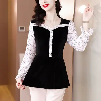 Tatlı Moda Kadın Polka Dot Baskı Eklenmiş Gömlek Sonbahar Yeni Zarif kadın Giyim Sahte İki Adet İnce Kare Yaka Bluz