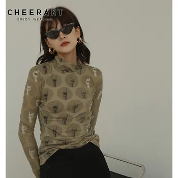 CHEERART Vintage T Shirt Kaplumbağa Boyun Uzun Kollu Üst Estetik Sıkı Tee Gömlek Femme Iç Çamaşırı Kadın Sonbahar Giysileri