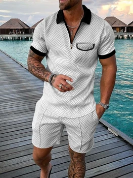 Erkek Eşofman Rahat Kısa Kollu Fermuar POLO GÖMLEK ve şort takımı Erkekler için Casual Streetwear 2 parça Takım Elbise 2022 Yaz