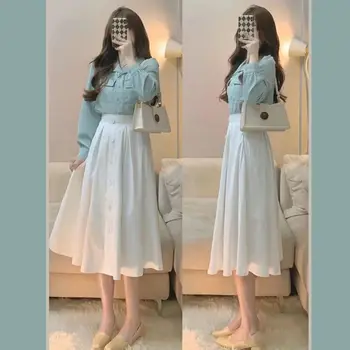 Kadın İlkbahar Sonbahar moda giyim 2022 Kore Bayan Zarif Yüksek Kaliteli Mavi Gömlek A-Line Etekler Kıyafetler Tatlı Seti Kadın