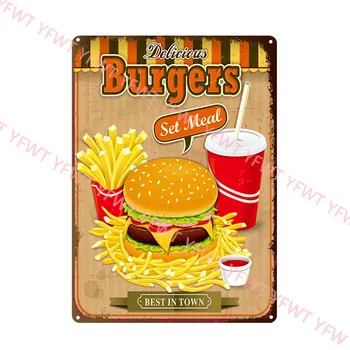 Fast Food Plak Metal Vintage Hamburger Tabela Restoran Duvar Dekor Mutfak Cafe Diner Bar Burger Metal İşaretleri