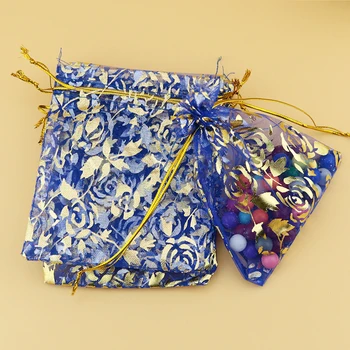 200 adet / grup Kraliyet Mavi Organze Takı hediye keseleri 9x12 cm Altın Gül Baskı İpli Çanta Düğün Şeker Çanta ve Kese Ücretsiz Kargo 0