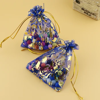 200 adet / grup Kraliyet Mavi Organze Takı hediye keseleri 9x12 cm Altın Gül Baskı İpli Çanta Düğün Şeker Çanta ve Kese Ücretsiz Kargo 1