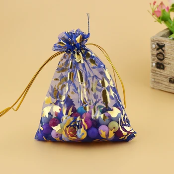 200 adet / grup Kraliyet Mavi Organze Takı hediye keseleri 9x12 cm Altın Gül Baskı İpli Çanta Düğün Şeker Çanta ve Kese Ücretsiz Kargo 4