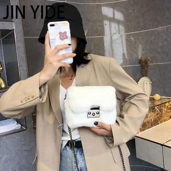 JIN YIDE Faux Tavşan Kürk Çanta Kadın Zincir Crossbody Çanta omuz çantası Çanta Mini Marka tasarımcı çantaları Moda Kış Yeni