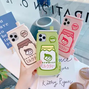 3D Sevimli Karikatür Japon Süt Çay İçecek Şişesi Telefon Kılıfı için iPhone 12 Mini 11 Pro XS Max XR X Yumuşak TPU Kapak İle Parmak Yüzük