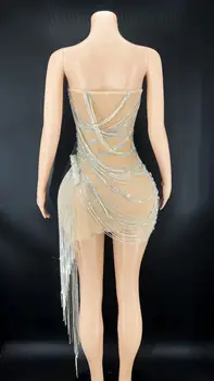 Kadınlar Seksi Sahne Kristaller Zincirler Şeffaf Kolsuz Elbise Akşam Doğum Günü Kutlamak Rhinestones Kostüm Düğün Balo Elbise