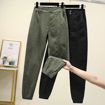 Kargo Pantolon Kadın Yüksek Bel Artı Boyutu Rahat Gevşek Elastik Bel Ayak Bileği uzunlukta Ordu Yeşil Siyah Pantolon Kadın 4XL 5XL