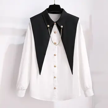 Zincir Tasarım Tatlı Kadın Beyaz Gömlek Yaz 2021 Turn-Aşağı Yaka Düğmesi Zarif Ofis Bayan Dış Giyim Palto Tops