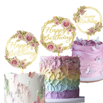 Akrilik Güzel Çiçek Kelebek Kek Topper 50th 60th Akrilik Numaraları Mutlu Doğum Günü Pastası Pişirme Malzemeleri